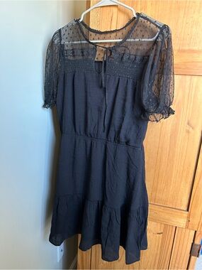 Sweet Wanderer Black Mini Dress with Sheer Dot Yoke